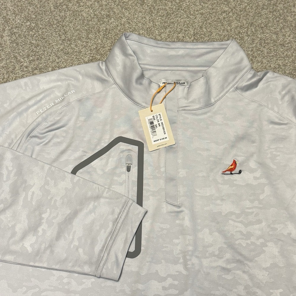 Peter Millar Forge Camo Performance Quarter-Zip Golf Pullover British Grey Logo
